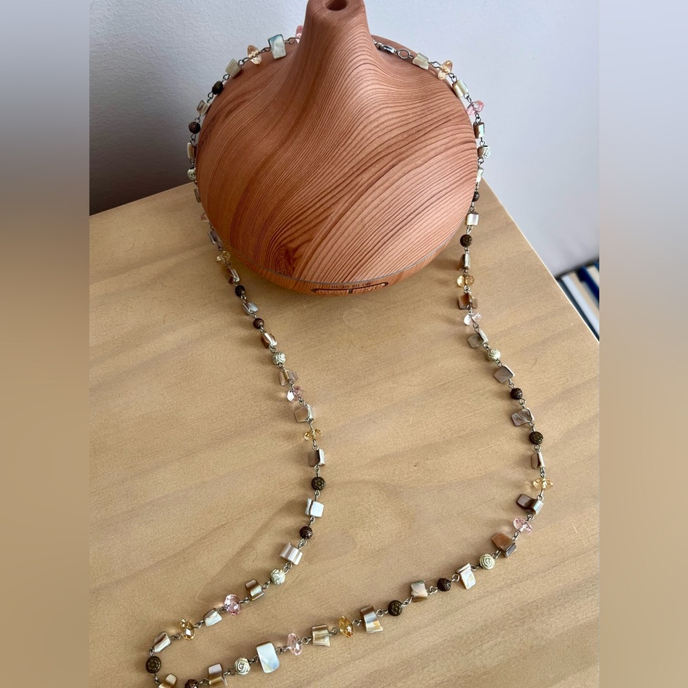 Long beaded necklace with shell and glass beads